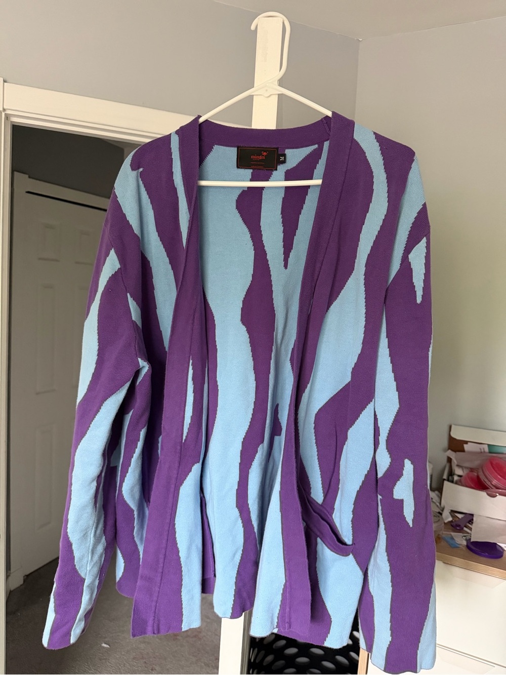 Purple & Light Blue Patterned Open Cardigan Sweater